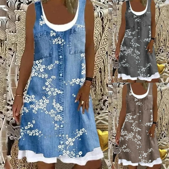 YANHAIGONG Summer Dresses for Women .2025,Women Mini Dresses for Summer Plus Size Party, Fashion Women's Casual Round Neck Floral Printing A-Line Fake Two-Piece Sleeveless Dress