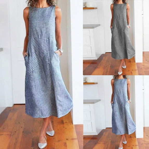 YANHAIGONG Summer Dresses for Women Trendy 2025, Cotton Linen Striped Sleeveless Dresses for Ladies,Casual V Neck Button Tshirt Dress Loose Soft Comfy Sleepwear Dress with Pocket