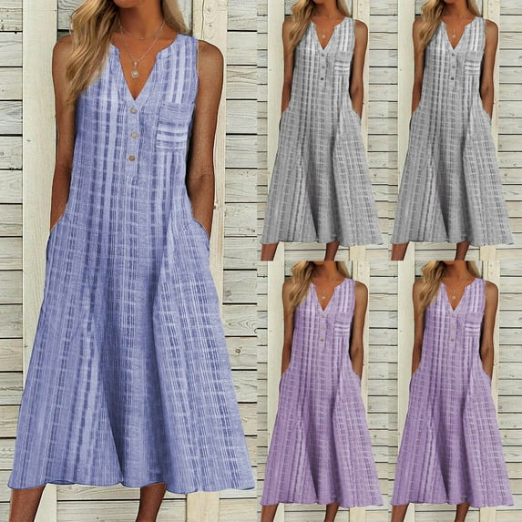 YANHAIGONG Summer Dresses for Women Trendy 2025, Striped Sleeveless Dresses for Ladies,Casual V Neck Button Tshirt Dress Loose Soft Comfy Sleepwear Dress with Pocket