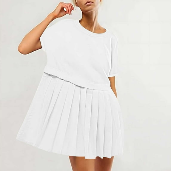 YANHAIGONG Summer Patchwork Mini Dresses for Women 2025,Pleated Ruffle Dresses for Women Crew Neck Short Sleeve Dress ,Solid Ruffle A Line Beach Boho Long Maxi Dress with Pockets