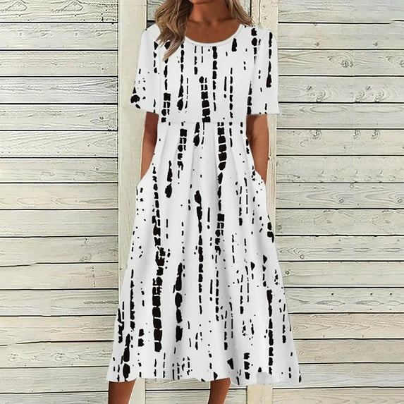 YANHAIGONG Summer Saving!Summer Floral Dresses for Women 2024 Vacation Trendy,Long Dress for Women Summer Fashion Casual Short Sleeve Round Neck Floral Print Loose Beach Dress with Pocket