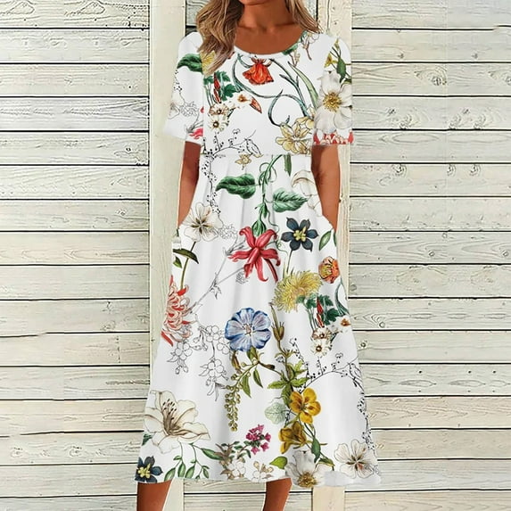 YANHAIGONG Summer Summer Floral Dresses for Women 2025 Vacation Trendy,Long Dress for Women Summer Fashion Casual Short Sleeve Round Neck Floral Print Loose Beach Dress with Pocket