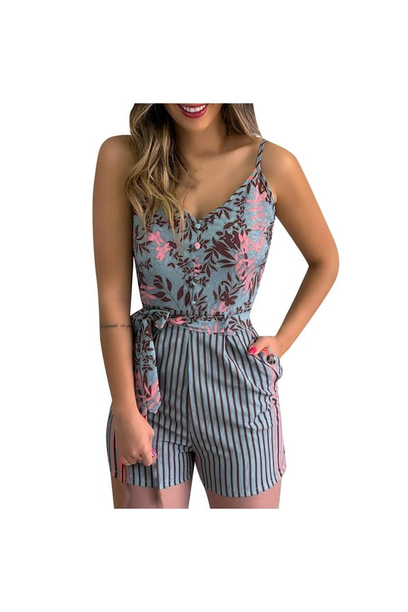 Women Pants Summer Shorts Pants for Women 2025 Womens Fashion Leaf and Stripe Printed Sling Short Jumpsuit With Belt and Pocket