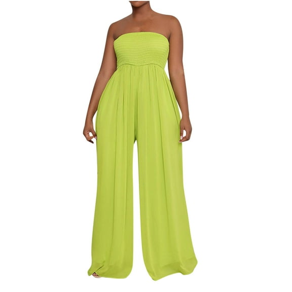 YANHAIGONG Summer Off Shoulder Romper Women Plus Size 2025,High Waist Off Shoulder Jumpsuit with Wide Legs,Strapless Pleated Wide Leg Palazzo Pants Jumpsuit Casual One Piece Outfits