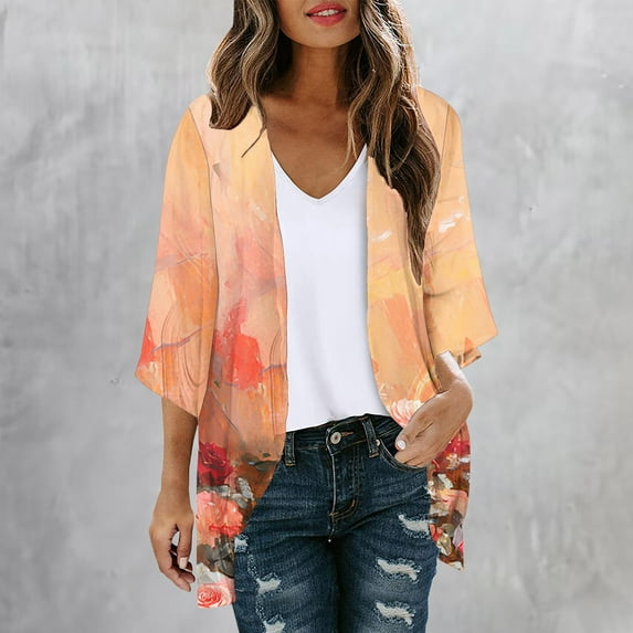 YANHAIGONG Thin Cardigans For Women Plus Sizes For Summer,3/4 Sleeve Cardigans Draped Casual Open Front Cardigan,Women Casual Lightweight Tie Dyeing Gradient Open Front Cardigan Soft Draped Ruffles