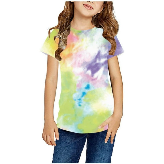 YANHAIGONG Tie Dye for Girls Shirts,3-14 Years Kid Girls Tie Dye Graphic Crop Tee,Colorful Round Neck Short Sleeve Casual Summer Blouses,Cute Tee Shirt Tops