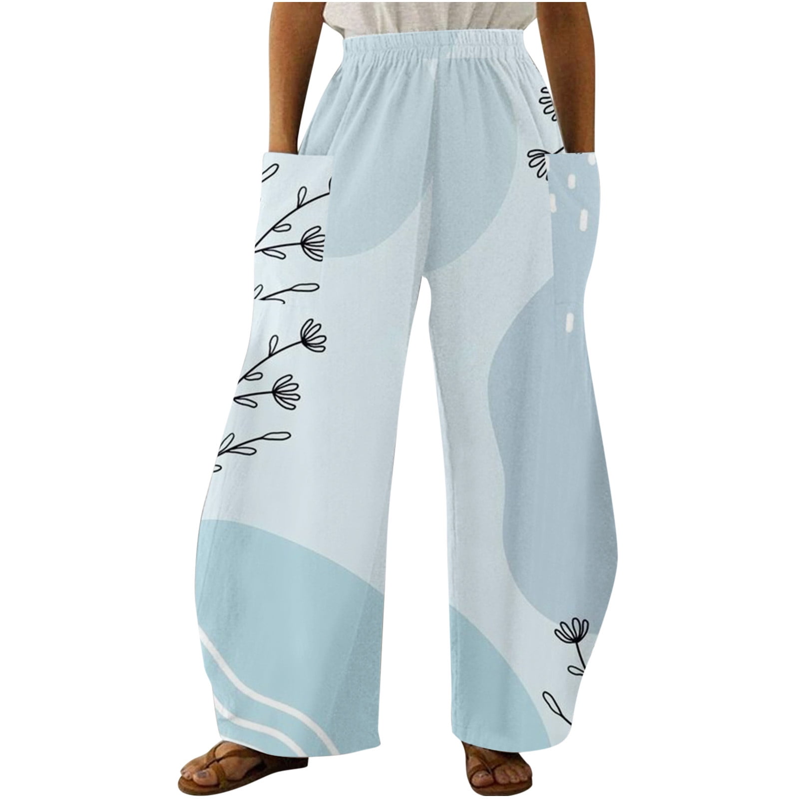 Women Plus Size Cotton Linen Wide Leg Pants Casual Loose Fit