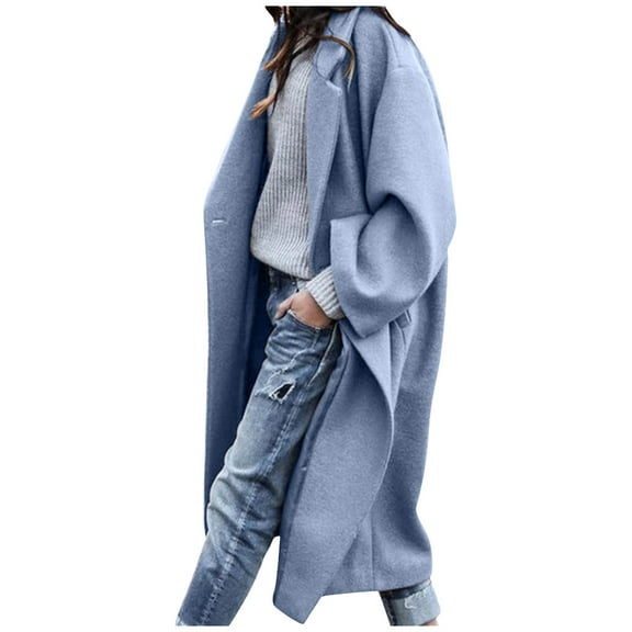YANHAIGONG Winter Plus Size Wool Coats for Women Sale Elegant Solid Color Turn Down Collar Long Sleeve Mid-Length Thicken Warm Wool Blend Overcoats Winter Jackets for Women 2024