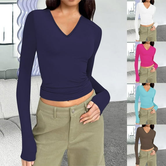 YANHAIGONG Women Casual Long Sleeve Tunic V-Neck Slim Fit T Shirts Basic Tee Tops Crew Neck Ribbed Knit Solid Shirt Winter Underwear for Women Thermal