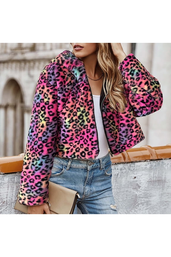 Women Crop Cozy Leopard Print Cardigans Casual Faux Fur Zip Hooded Jacket Fuzzy Parka Jacket Winter Warm Pink Fluffy Coat Christmas Gift