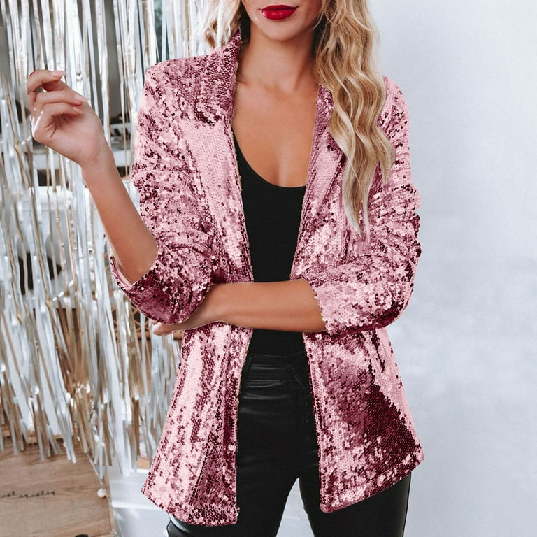 YANHAIGONG Women Long Sequin Coat Sequin Jackets Open Front Blazer Jacket Casual Long Sleeve Sparkly Cardigan Coat Sequin Tops for Women