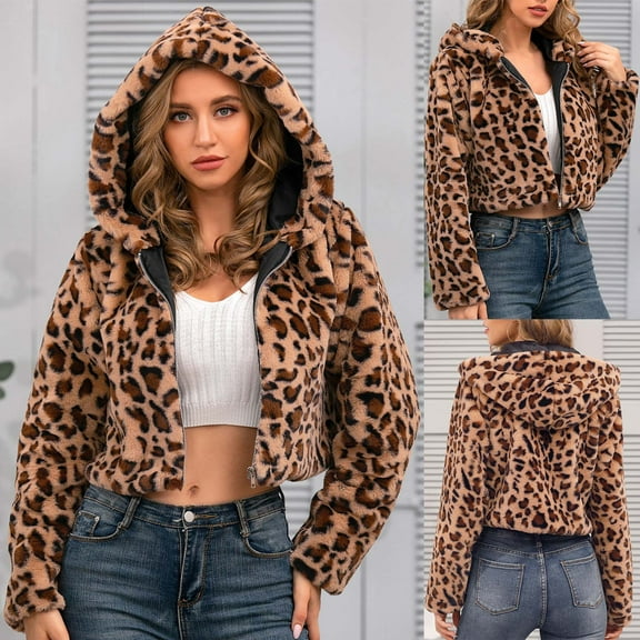 YANHAIGONG Women'S Crop Leopard Faux Fur Coat with Hood Casual Fleece Fuzzy Faux Fur Shaggy Jacket Warm Winter Zip-up Fluffy Winter Warm Outwear Leopard Cardigan