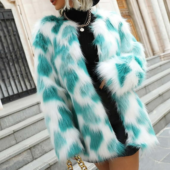 YANHAIGONG Women'S Tie Dye Faux Fur Fuzzy Fleece Long Sleeves Jackets Wool Teddy Bear Long Open Front Cardigan Coat Outwear Christmas Coat Gift