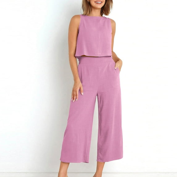 YANHAIGONG Women Summer Outfits Sets 2025,Light Weight Pants for Women Casual Summer,2PC Fashion Woman Round Neck Sleeveless Blouse +Loose Pockets Pants Sets