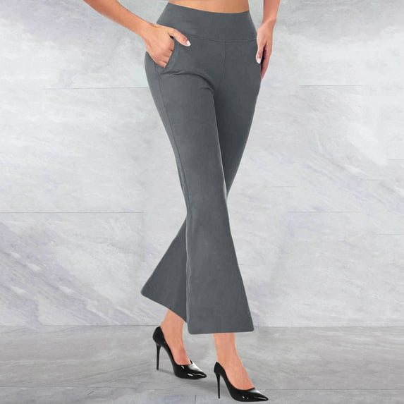 YANHAIGONG Women Summer Pants 2025,Light Weight Pants for Women Casual Summer,Women's Fashionable Solid Color Elastic Waist Pocket Pants Casual Flare Trousers