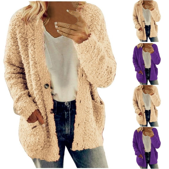 YANHAIGONG Women Winter Coats Open Front Sherpa Cardigan for Women 2025 Fashion Clothes Oversized Warm Casual Fuzzy Fleece Solid Coats Plus Size Loose Long Sleeve Pocket Plush Tops Cardigan
