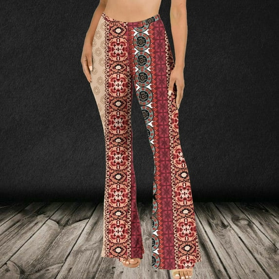 YANHAIGONG Women's Floral Boho Pants Elastic High Waisted Leggings Vintage Persian Print Flare Leg Bell Bottom Yoga Pants Long Wide Leg Pants Trousers Street Fashion