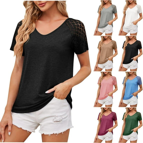 YANHAIGONG Women's Lace Sleeve Shirt,Casual Basic Solid Tops for Women Flower Knit Lace Sleeve Blouses,Womens Lace Short Sleevev Neck T Shirts Summer Tops Loose Casual Tee Shirt