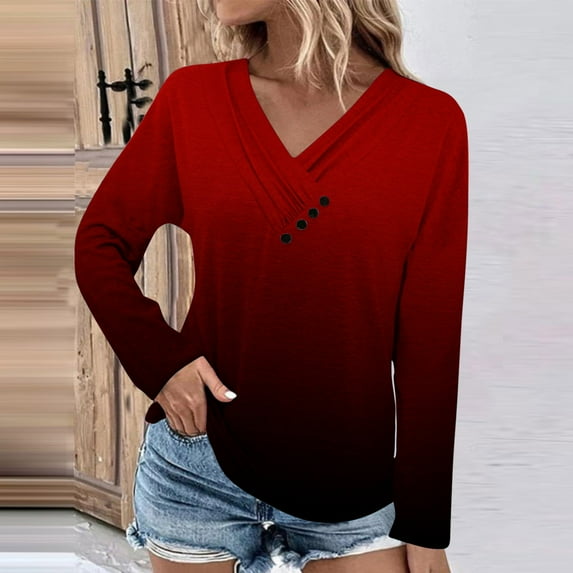 YANHAIGONG Women's Pullover Sweaters Soft Tops Plus Size 3/4 Sleeve Fold V Neck Button Casual Gradient Stripe Tunic Tops Basic Tee Shirts for Women 2024 Tops for Women 2024
