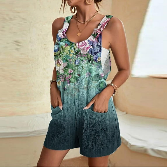 YANHAIGONG Women's Summer Comfortable Casual Suspender Printing Shorts Pocket Jumpsuit Shorts
