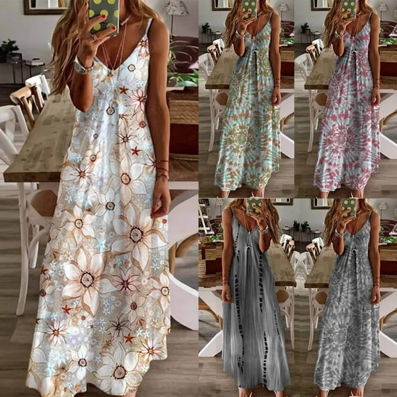 YANHAIGONG Women's Summer Maxi Dresses 2024, Long Floral Womens Maxi Dresses for Summer Sleeveless Spaghetti Strap Dress, Casual Boho V Neck Sleeveless Flowy Beach Dresses