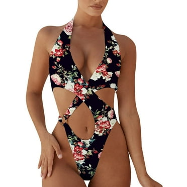YANHAIGONG Women's Swimwear 2024 Swimsuits for Women Hawaiian Sexy Deep V Neck Front Cross Halter Bathing Suit Cheeky Bottom Beachwear Sets Swimwear for Women Plus Size Clearance