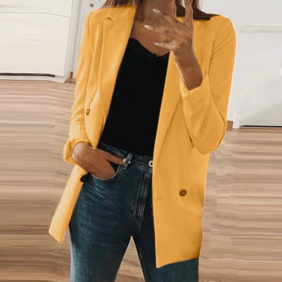 YANHAIGONG Womens Double Breasted Fall Blazers Casual Long Sleeve Lightweight Solid Color Suit Open Front Blazer Jackets Work Suits