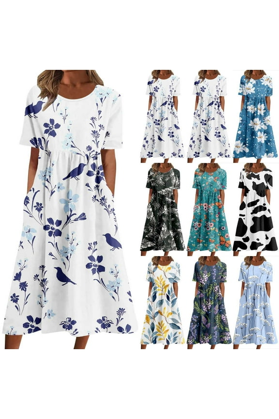 Womens Dresses Vacation Dresses for Women Beach Short Sleeve Round Neck Dresses Empire Waist Knee Length Dress with Pockets Wedding Guest Dresses for Women