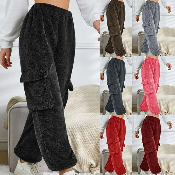 YANHAIGONG Womens Fuzzy Fleece Lounge Pants with Pockets Winter Cozy Lounge Pants Soft Pajamas Warm Bottoms Sleepwear High Waisted Pjs Pants Loungewear Casual Comfy Fleece Cargo Pants for Women