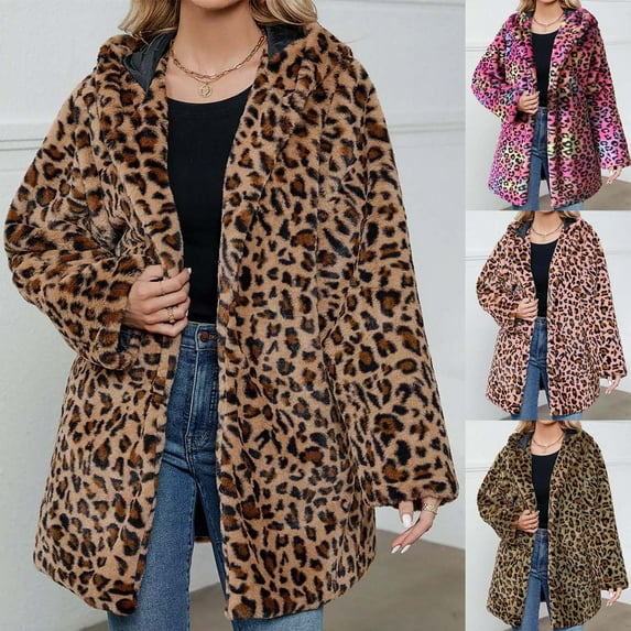 YANHAIGONG Womens Leopard Faux Fur Jacket Plus Size Winproof Winter Fleece Coat Fall Fashion 2024 Turndown Collar Long Sleeves Fuzzy Jacket Fur Long Fluffy Cardigan Overcoat
