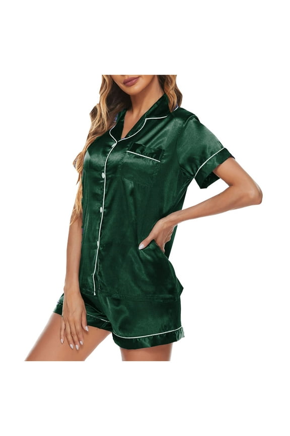 Womens Silk Satin Pajamas Set Two-Piece Pj Sets Sleepwear Loungewear Short Sleeve Button-Down Pj Sets Silk Pajama Set Shorts Women Homewear Pajamas Set Sleepwear