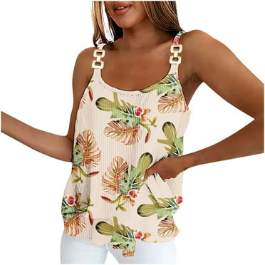 YANHAIGONG Womens Sleeveless Tops Summer Tank Tops for Women Womens Casual Printed Round Neck Tank Tops Double-Layer Ruffle Hem Spaghetti Strap Camisole Tank