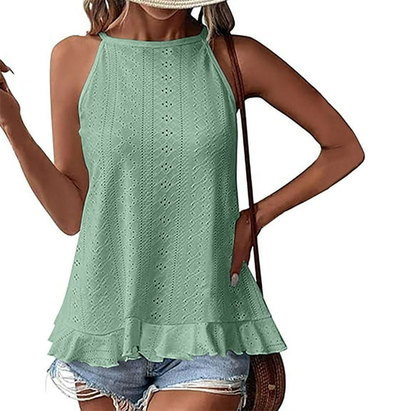 YANHAIGONG Womens Tank Tops Eyelet Embroidery Shirts ,Summer Sleeveless for Women 2025 ,Halter Sleeveless Top for Women Hollow Out Sleeveless Tops Casual Spring Scoop Neck Basic Top