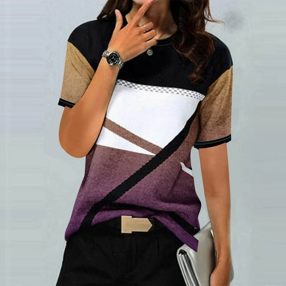 YANHAIGONG Womens Tops Casual Plus,Summer Tops for Women 2025 Trendy Vacation,Women's Casual Geometry Printed T-shirt Short Sleeve Blouse Round Neck Casual Tops
