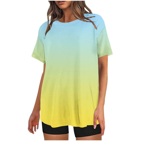 YANHAIGONG Womens Tops Casual Plus,Summer Tops for Women 2024 Trendy Vacation,Women's Casual Gradient Print Crewneck Short Sleeve Oversized T Shirt Drop Shoulder Tops and Shorts Sets