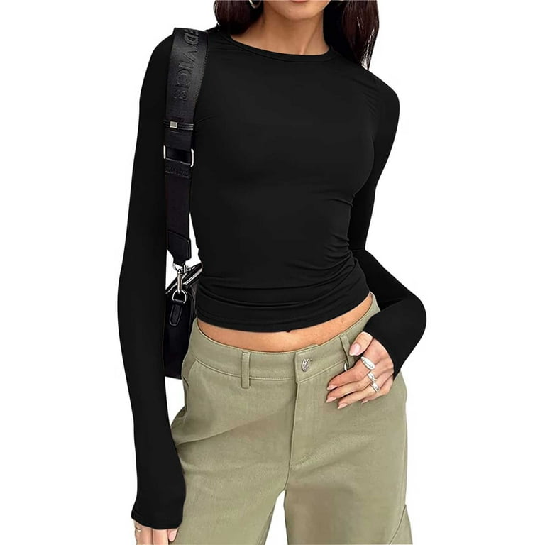 YANHOO Fitted Basic Long Sleeve Shirt Women - Casual Y2K Long Sleeve Tops  Crewneck Slim Fit Tshirts