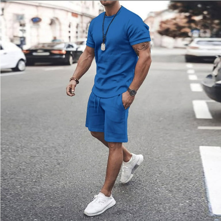 YANHOO Men 2 Piece Outfits Summer Casual Crew Neck Muscle Short Sleeve  Shirt and Classic Fit Sport Shorts Set Tracksuit 