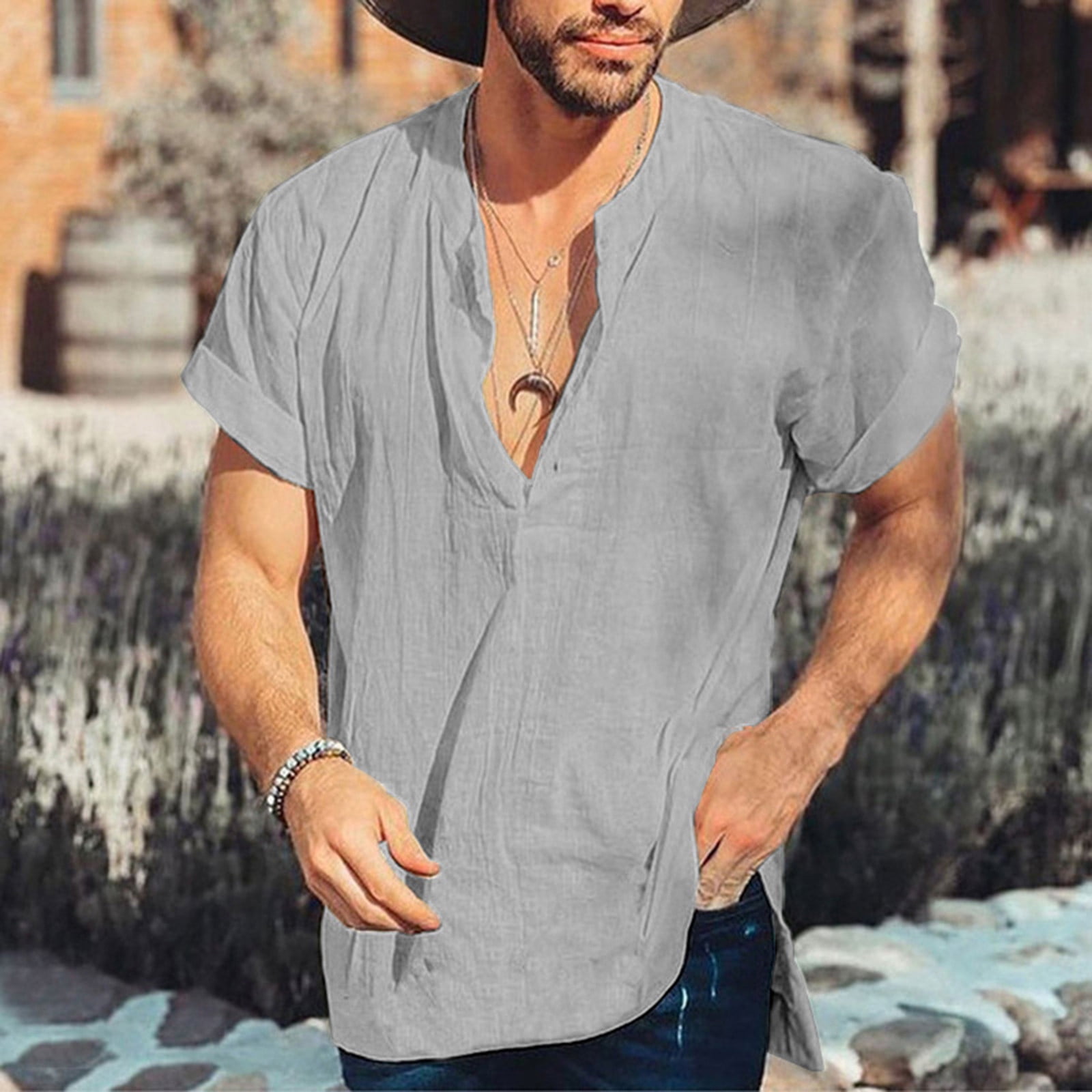 YANHOO Men's Short Sleeve Cotton Linen T-shirt Top Summer Solid Button  Casual Henley Shirts Simple Pocket Beach Blouses