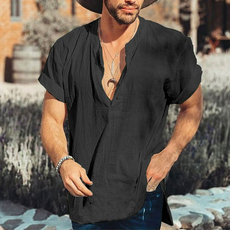 Mens Button Up Shirts Long Sleeve Linen Beach Casual Cotton Summer  Lightweight Tops, 1 Black, Medium