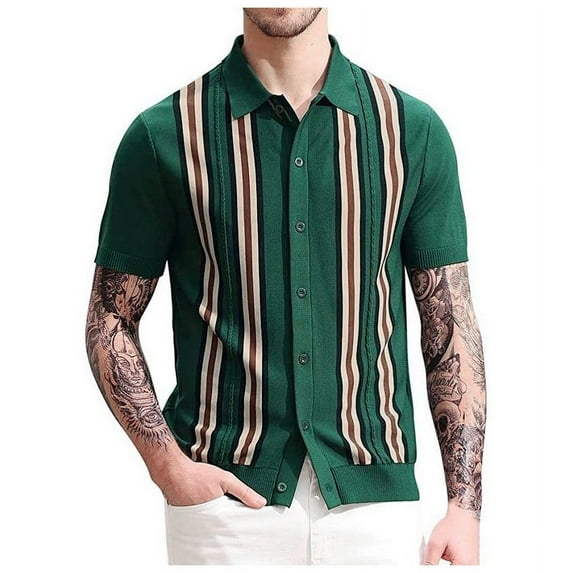 YANHOO Men’s Short Sleeve Knit Button Down T-Shirts Slim Fit Vintage Stripe Lapel Sweater Casual Business Dress Shirt