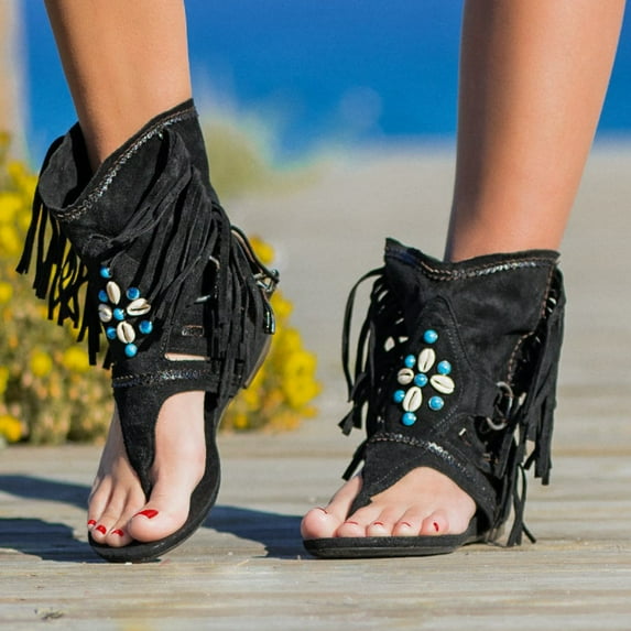 YANHOO Retro Bohemian Tassel Sandals for Women Casual Summer Gladiator Sandals Roman Beach Shoes Ankle Boots