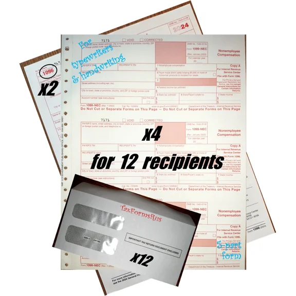 YANI -2024 Irs Tax Forms Kit:: 1099-Nec Carbonless 12 Recipients +12Envelopes +(2)1096