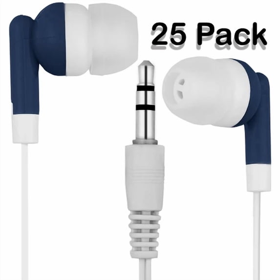YANI- Bulk Lot Of 25 Dark Blue 3.5Mm Headphones / Earbuds / Great For Kids / Schools