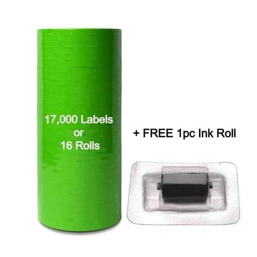 YANI -Green Label For Monarch Pricing Gun 1110, 1105, 1107 - 1 Sleeve = 16 Rolls + Ink