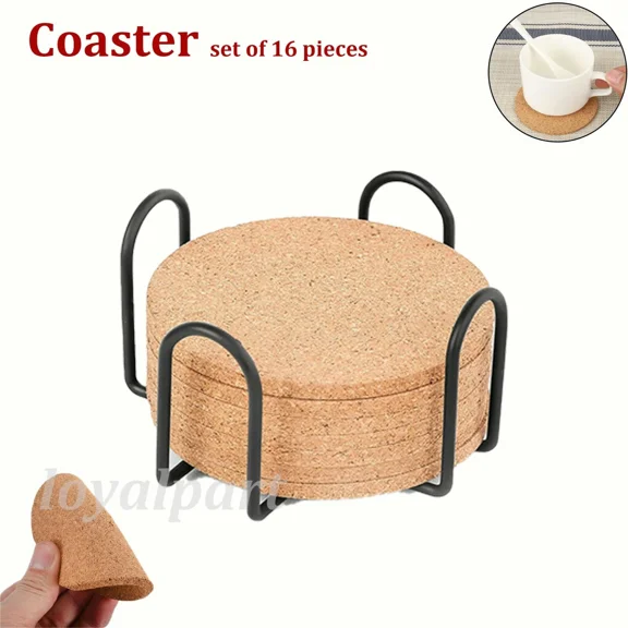 YANI -Set Of 16 Cork Coasters Absorbent With Holder Drink Coffee Tea Cup Pad Mat Decor