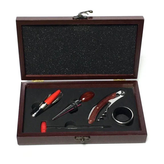 YANI -Wine Bottle Opener 5 Piece Set Corkscrew Stopper Pourer Kit Rose Wood Gift Box