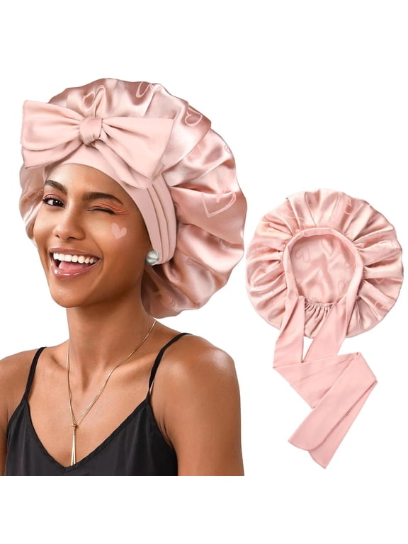 Adjustable Satin Bonnet for Sleeping, Double Layer Silk Bonnet with Tie Band for Women, Sleep Cap Curly Natural Hair