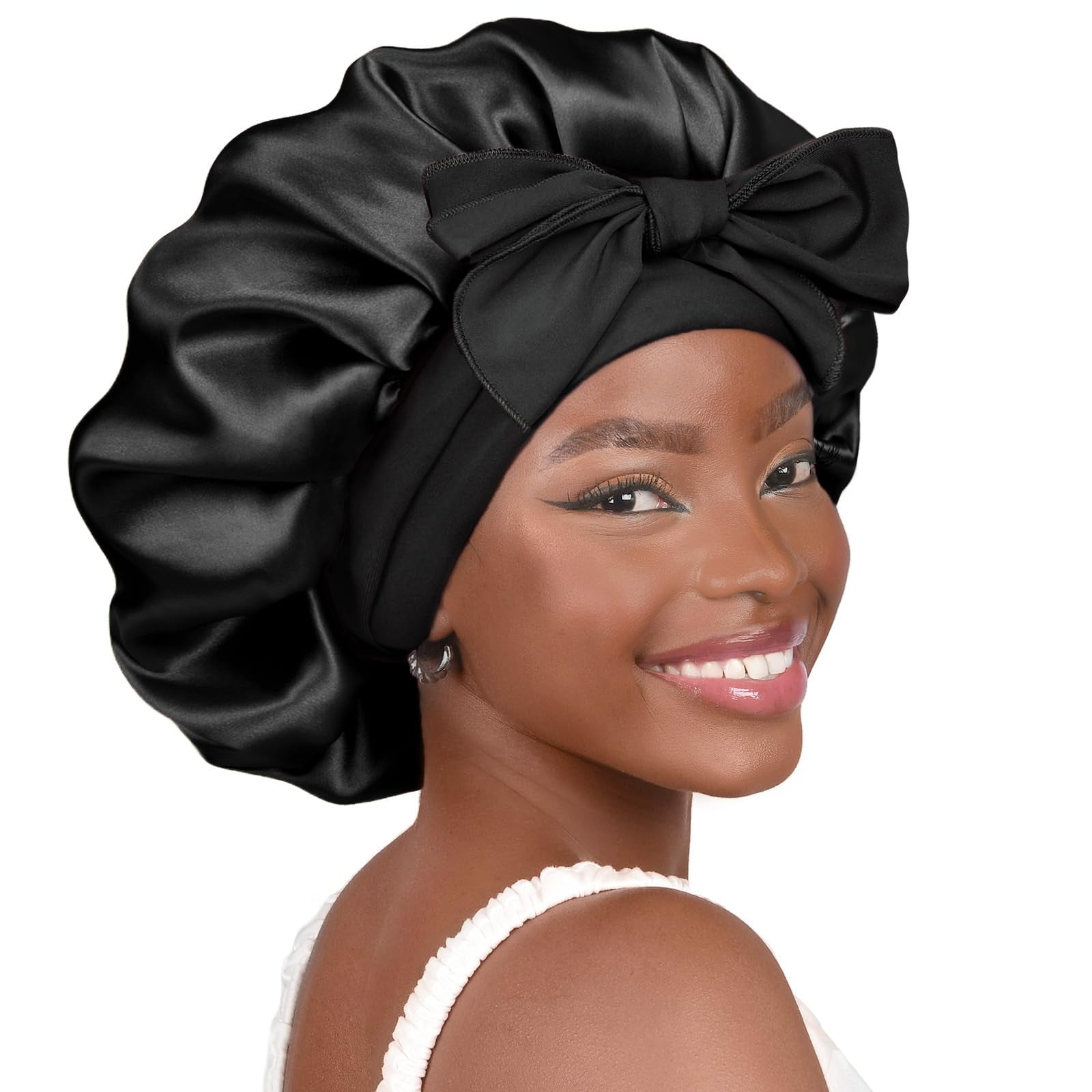 YANIBEST Satin Bonnet Silk Bonnet for Sleeping Double Layer Satin Lined Black Hair Bonnet with Tie Band Bonnets for Women Natural Curly Hair Walmart