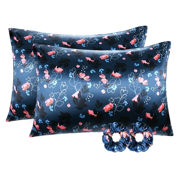 YANIBEST Satin Pillowcase for Hair and Skin Care 2 Pack Silk Pillowcase with Satin Scrunchies King Size Pillow Cases Set of 2 -Satin Cooling Pillow Covers with Hidden Zipper Floral Print