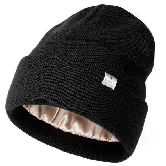 YANIBEST Womens Saitn Lined Black Knit Beanie Hat Acrylic Winter Hats for Women Men